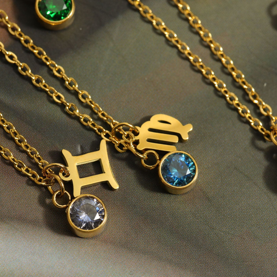 Collier en acier inoxydable avec pierre de naissance et runes du zodiaque Olivenorma