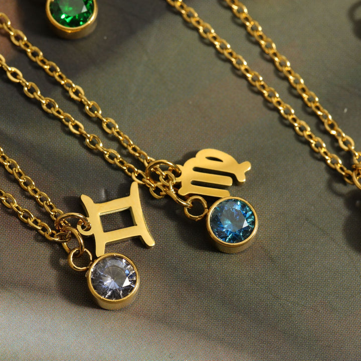 Collier en acier inoxydable avec pierre de naissance et runes du zodiaque Olivenorma