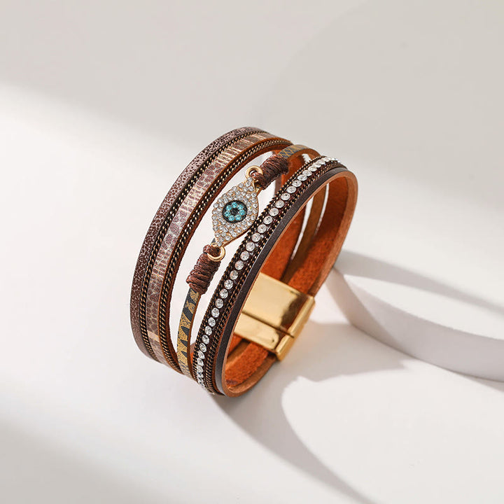 Bracelet Olivenorma en similicuir motif léopard avec zircon et mauvais œil