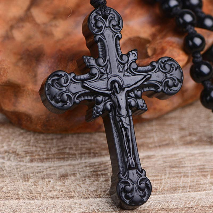 Collier symbole de croix en obsidienne Olivenorma 