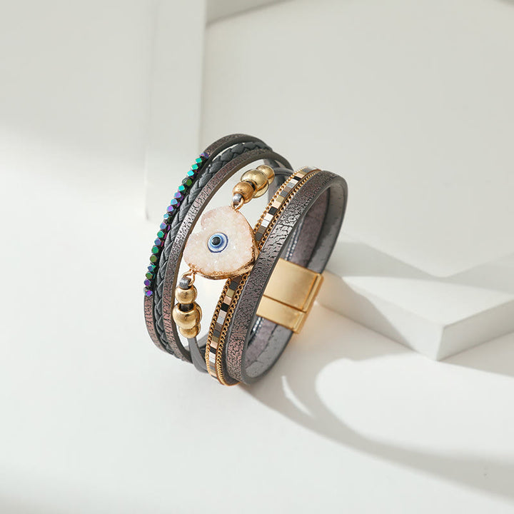 Bracelet Olivenorma « Triple Protection » en forme de cœur avec perles dorées en cristal et mauvais œil