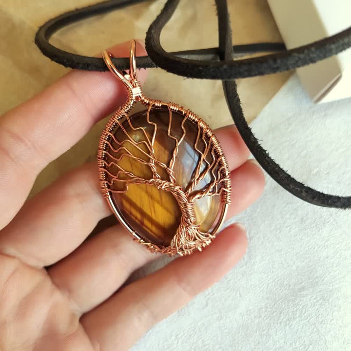 Collier ovale en pierre précieuse arbre de vie œil de tigre Olivenorma 