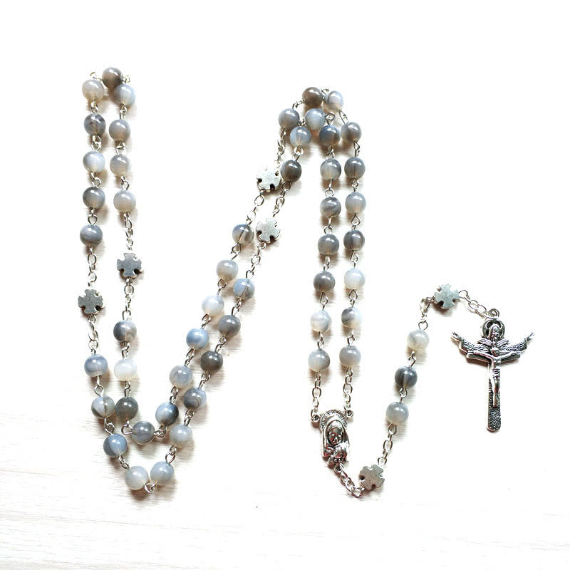 Collier chapelet en pierre de lune grise avec croix de Jésus Olivenorma - image 5