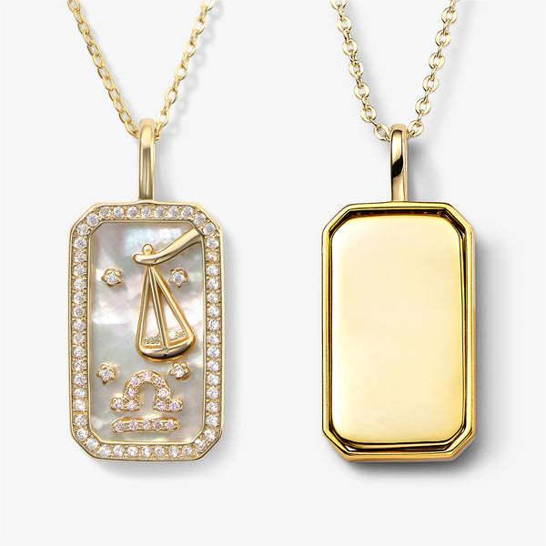 Collier avec plaque signalétique gravée avec 12 signes du zodiaque en zircon blanc Olivenorma 