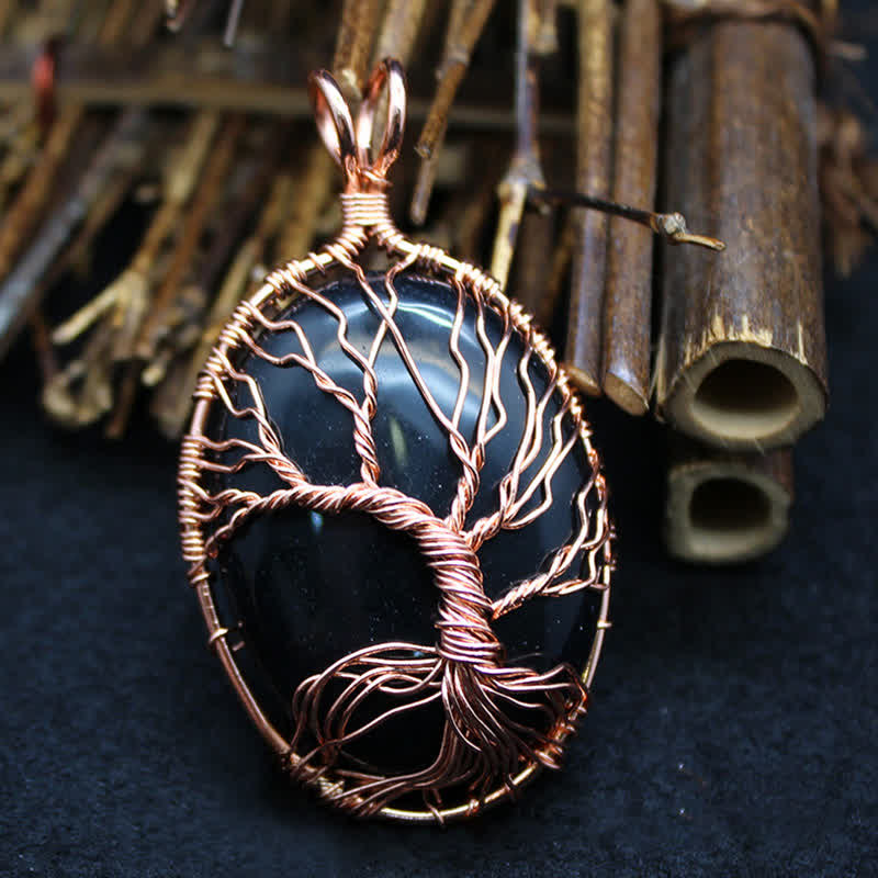 Collier ovale en pierre précieuse arbre de vie œil de tigre Olivenorma 