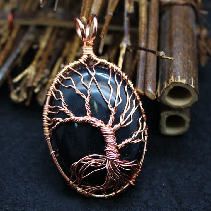 Collier ovale en pierre précieuse arbre de vie œil de tigre Olivenorma 