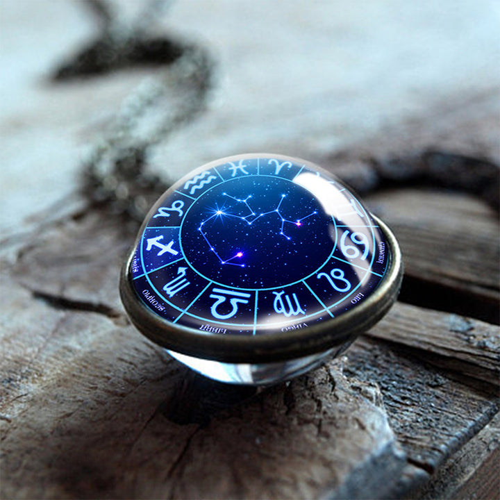 Collier Globe en verre double face Olivenorma avec 12 étoiles du zodiaque