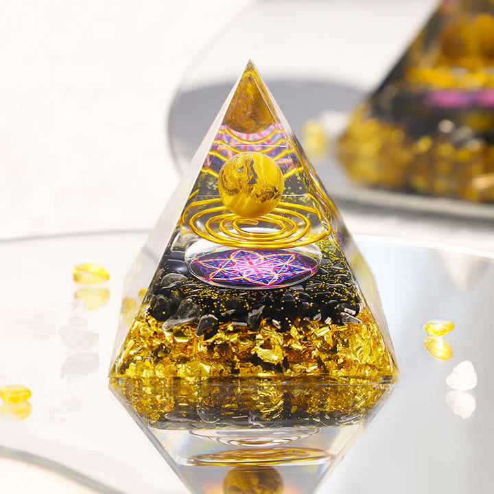 Sphère d'Oeil de Tigre Olivenorma Cube de Métatron Pyramide d'Orgone 