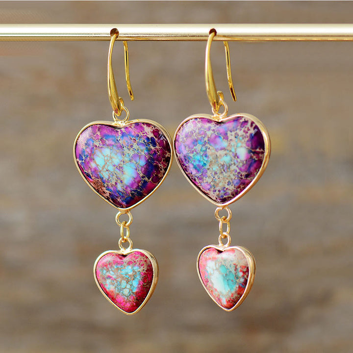 Boucles d'oreilles pendantes à double cœur en pierre empereur violette et rose rouge Olivenorma