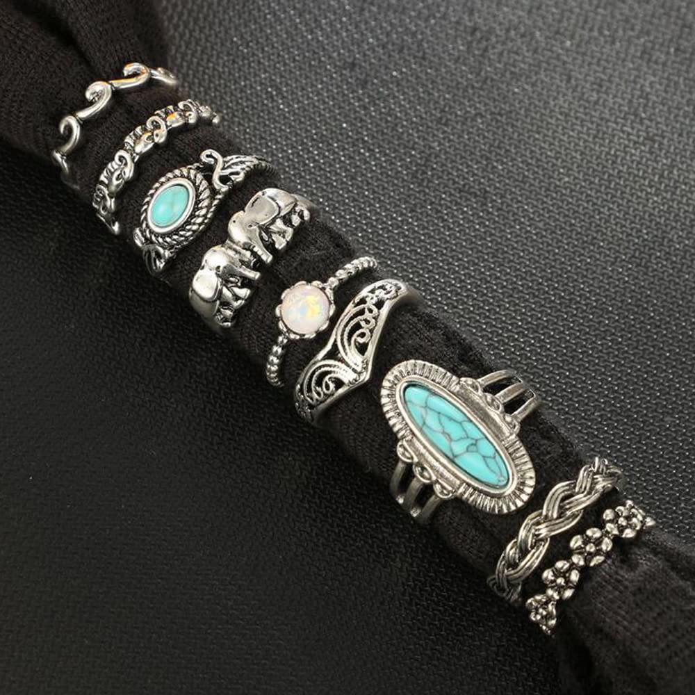 Ensemble de 8 bagues en feuille d'éléphant turquoise et opale Olivenorma 