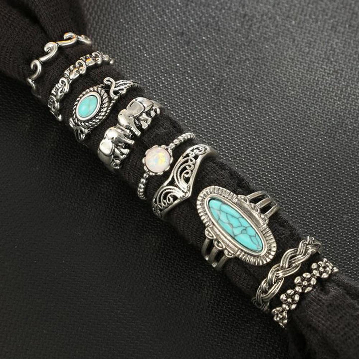 Ensemble de 8 bagues en feuille d'éléphant turquoise et opale Olivenorma 