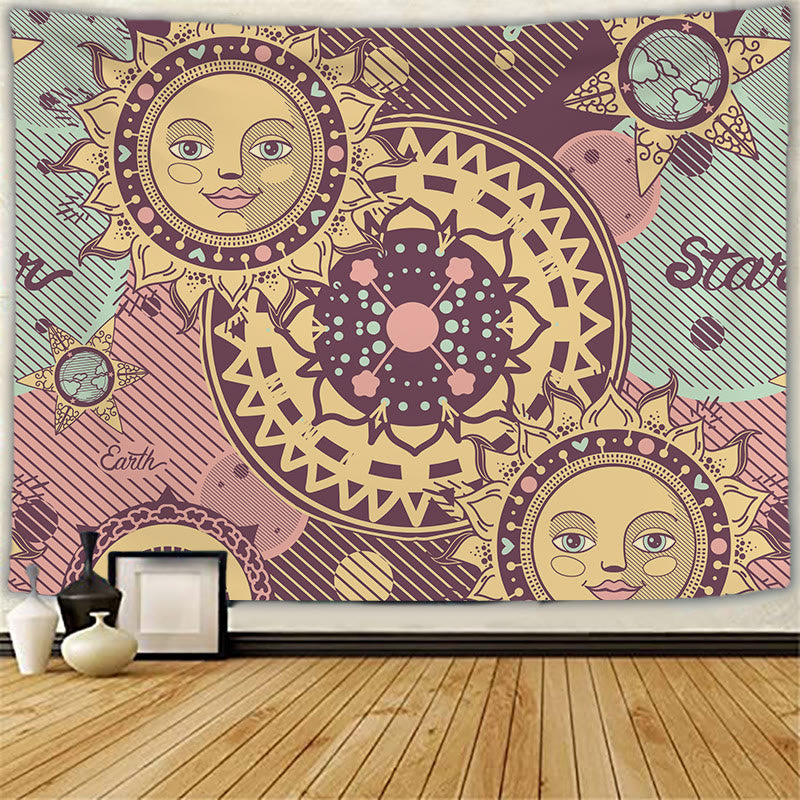 Tapisserie murale de méditation avec tatouage de chat et soleil et lune Olivenorma