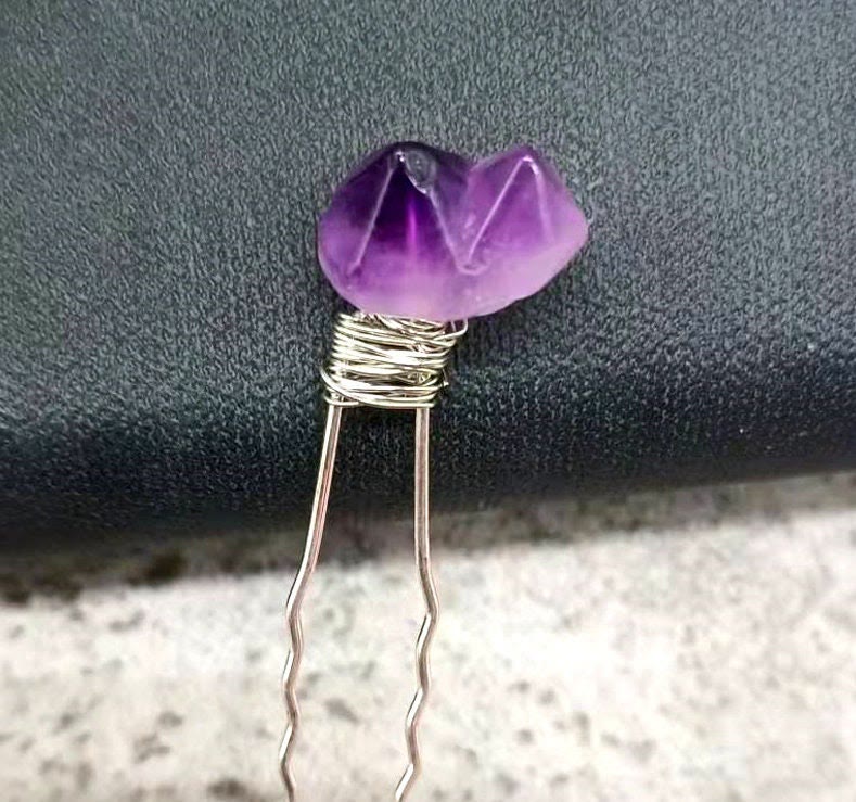 Épingle à cheveux en forme de fleur de quartz améthyste naturelle Olivenorma