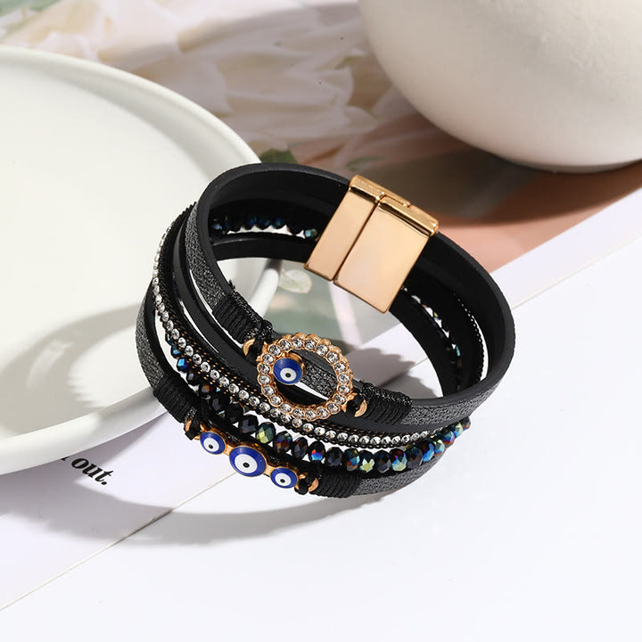 Bracelet large en cuir et métal avec zircon blanc et mauvais œil Olivenorma