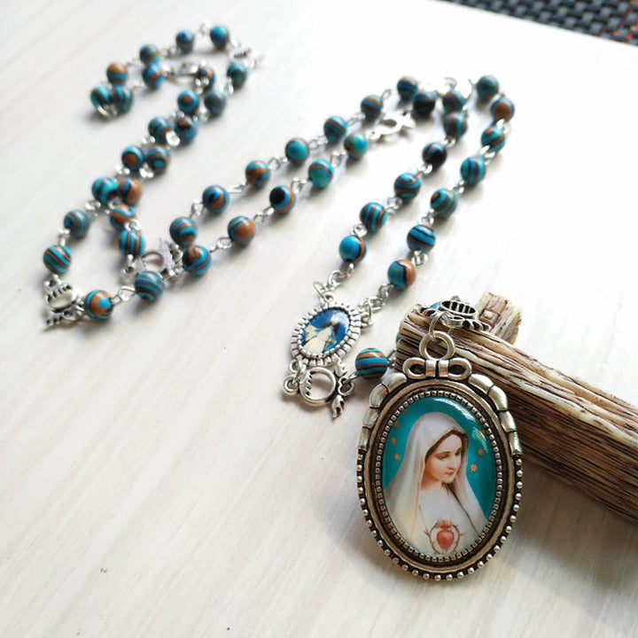 Collier chapelet avec pendentif médaille sacrée de la Vierge en azurite et malachite Olivenorma 