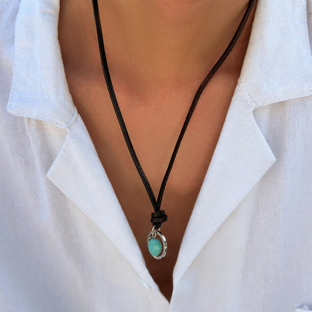 Collier en cuir turquoise avec bague en argent Olivenorma 