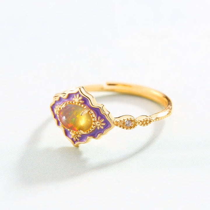 Bague en or ajustable ouverte vintage en émail opale Olivenorma