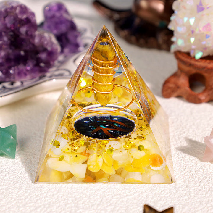 Pyramide d'orgone Oeil de tigre Olivenorma Agate jaune Oeil d'Horus