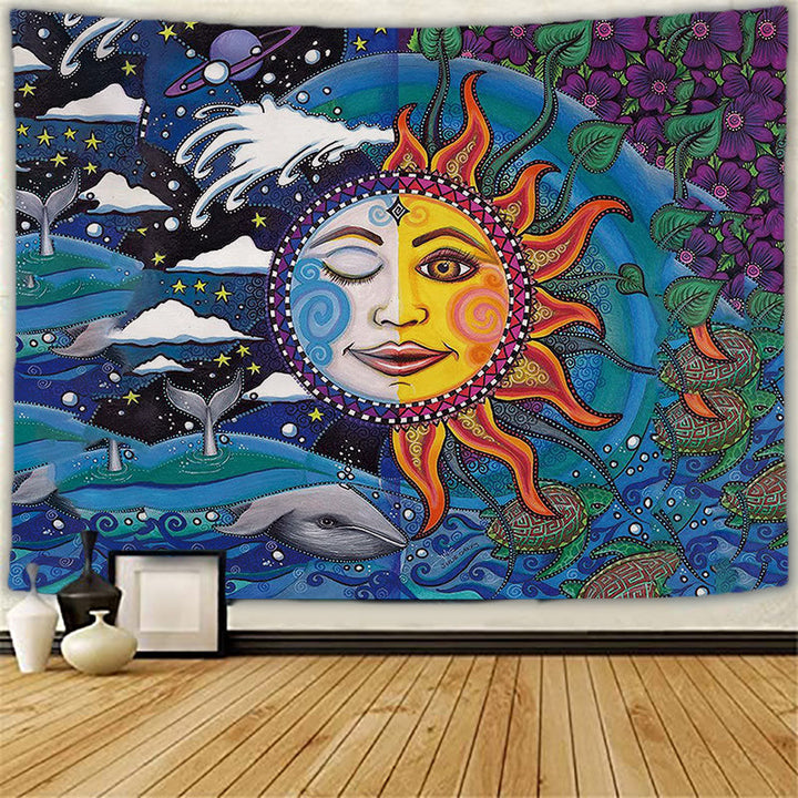 Tapisserie murale de méditation avec tatouage de chat et soleil et lune Olivenorma