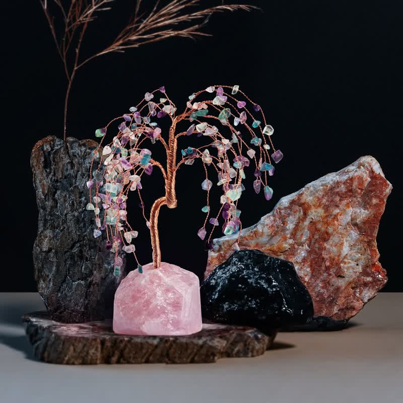 Feuilles de fluorite Olivenorma Base de quartz rose Arbre Feng Shui 
