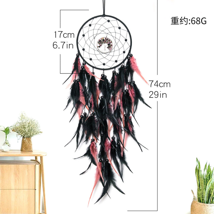 Attrape - rêves en tourmaline noire et rose avec plumes - Soleil - image 1