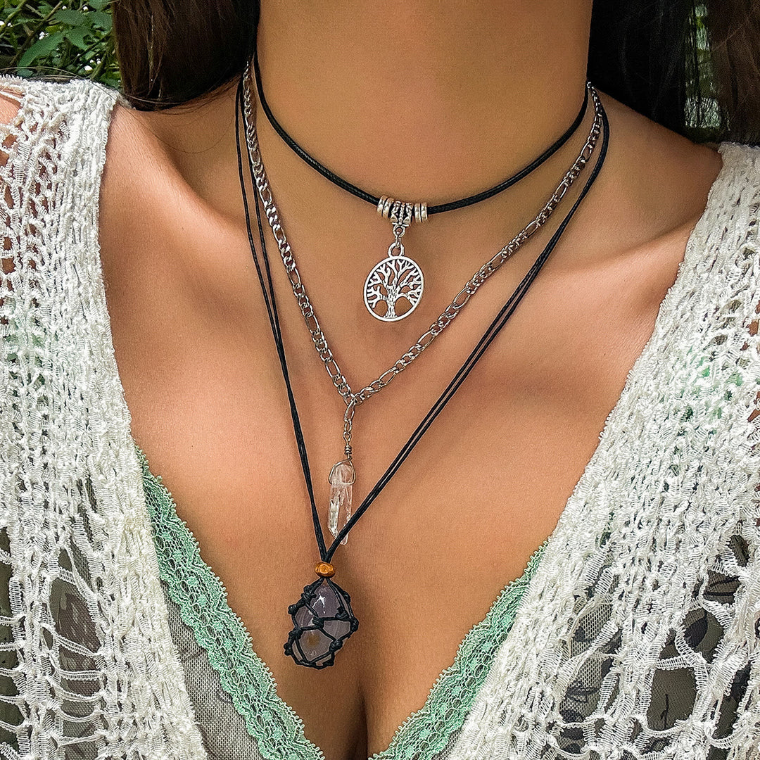 Ensemble de colliers avec pendentif en obsidienne et arbre de vie contre le mauvais œil Olivenorma 