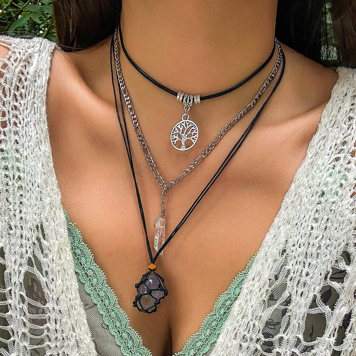 Ensemble de colliers avec pendentif en obsidienne et arbre de vie contre le mauvais œil Olivenorma 
