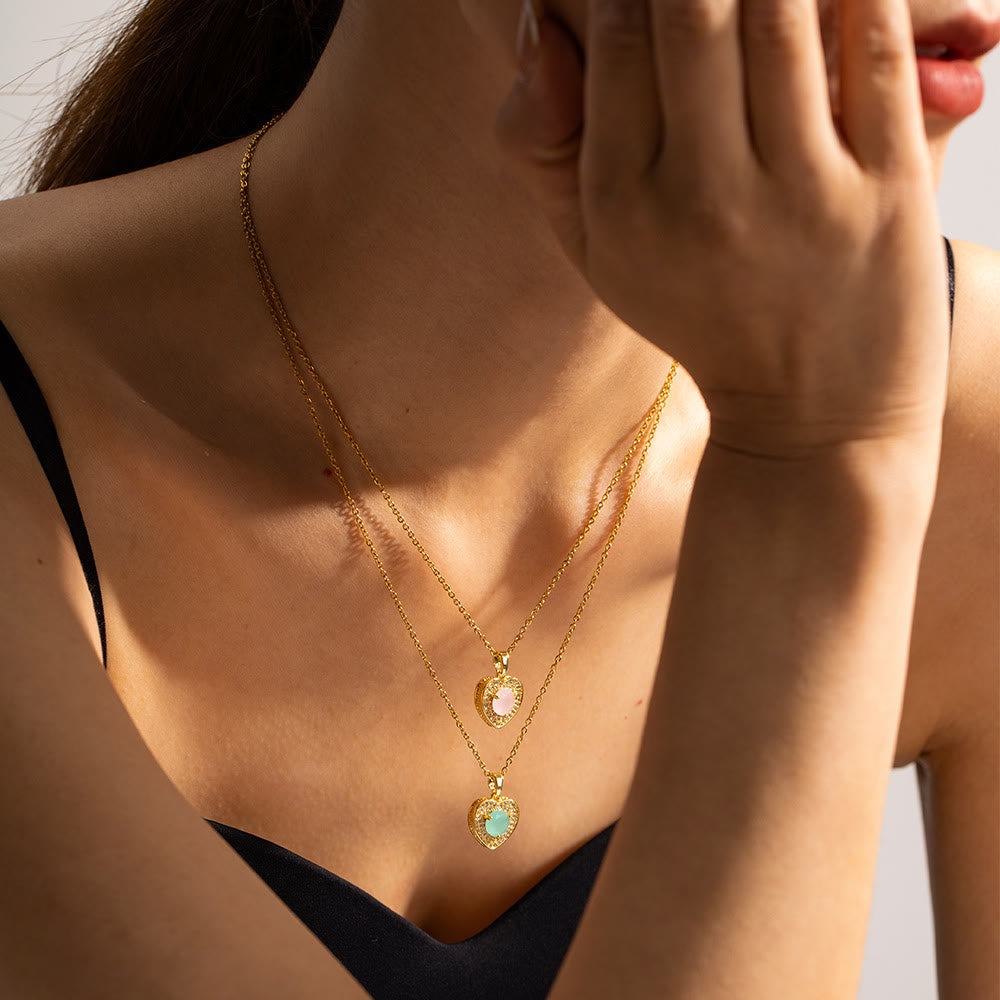 Collier pendentif coeur en or et amazonite rose opale Olivenorma