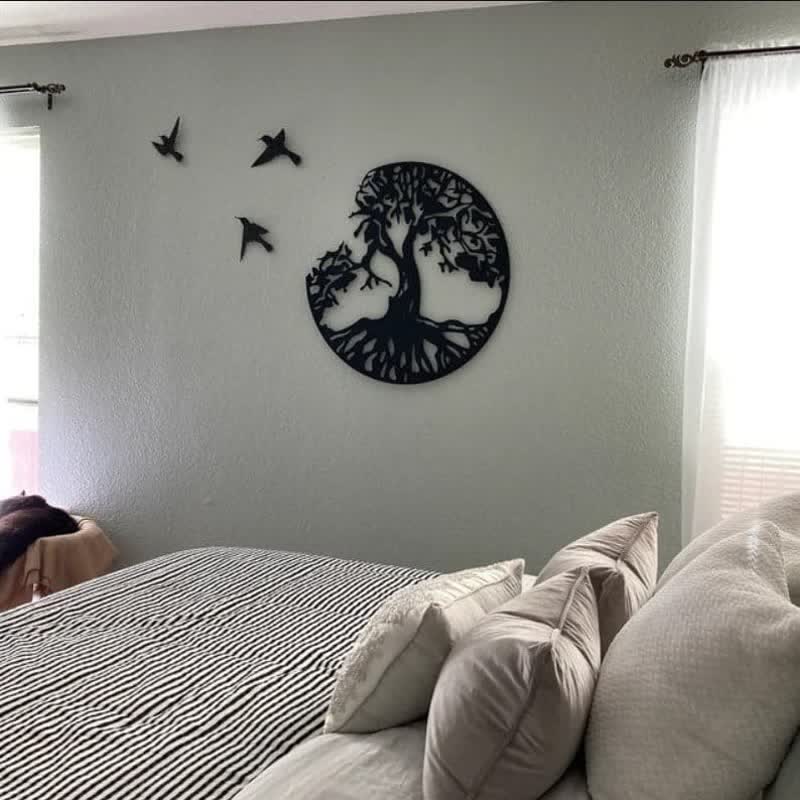 Décoration murale en métal Arbre de vie avec trois oiseaux
