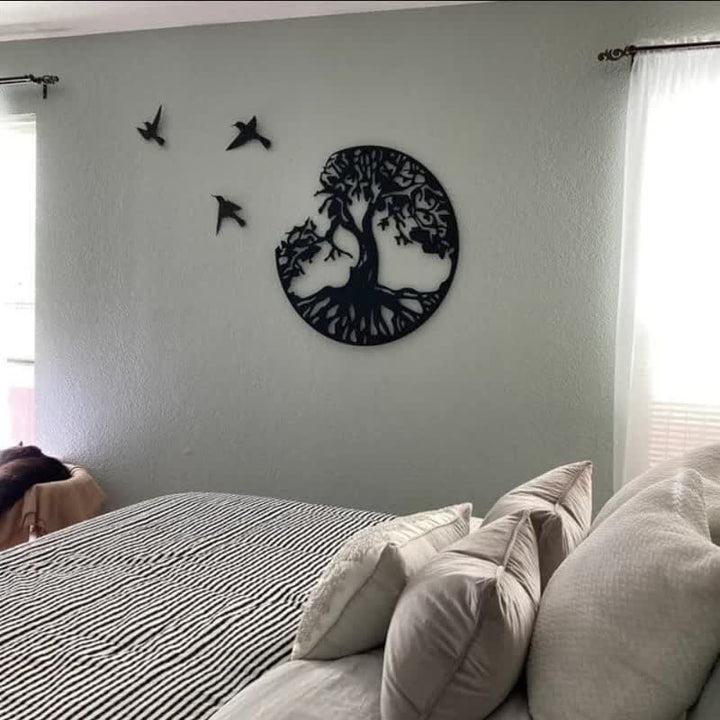 Décoration murale en métal Arbre de vie avec trois oiseaux