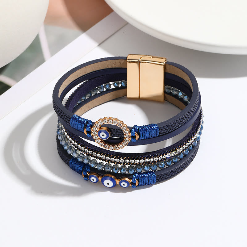 Bracelet large en cuir et métal avec zircon blanc et mauvais œil Olivenorma