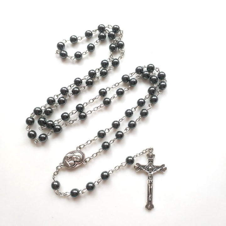 Collier chapelet avec pendentif en croix et médaille sacrée en hématite Olivenorma 