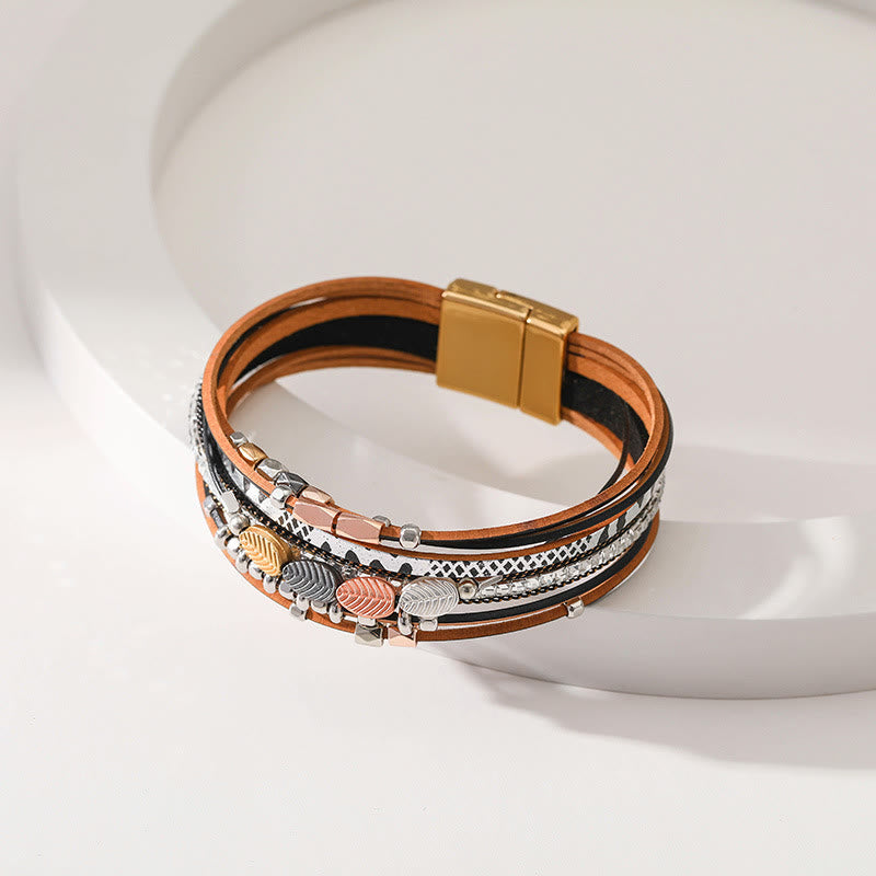 Bracelet en cuir à plusieurs niveaux avec feuille de zircon blanc et hématite Olivenorma