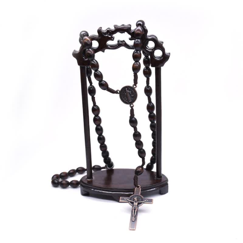 Collier chapelet en bois avec croix vintage tricotée Olivenorma