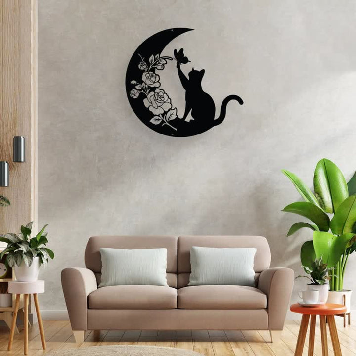 Décoration murale en métal avec croissant de lune et chat Olivenorma