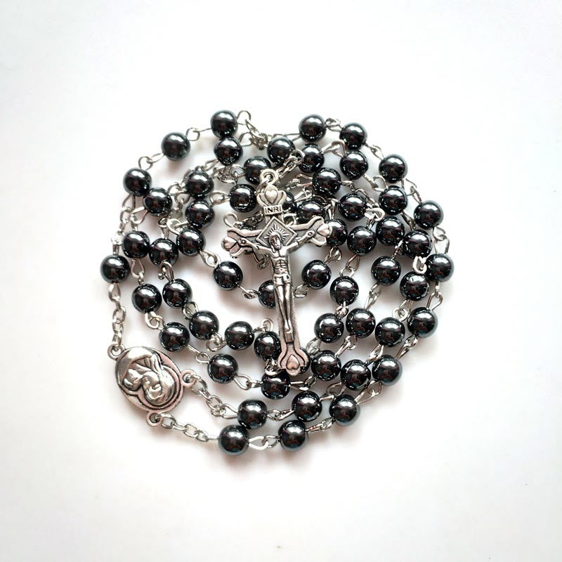Collier chapelet avec pendentif en croix et médaille sacrée en hématite Olivenorma 