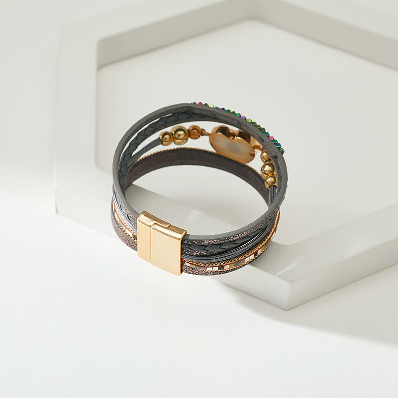 Bracelet Olivenorma « Triple Protection » en forme de cœur avec perles dorées en cristal et mauvais œil