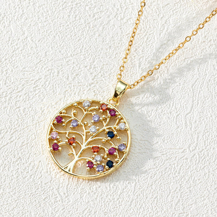 Collier pendentif clavicule arbre de vie rond creux en zircon Olivenorma