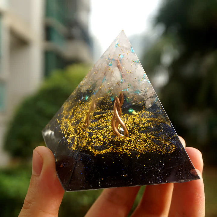 Pyramide d'orgone en quartz rose et grès bleu Olivenorma
