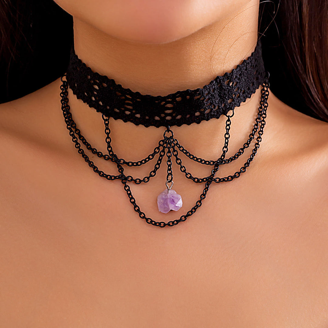 Collier ras du cou gothique en dentelle améthyste Olivenorma pour Halloween