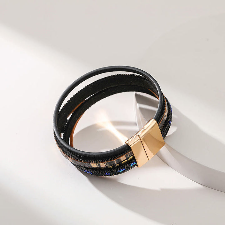 Bracelet Olivenorma en similicuir motif léopard avec zircon et mauvais œil