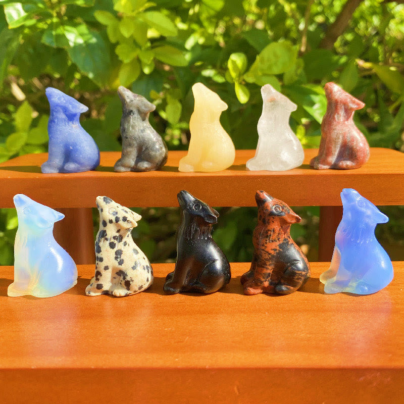 Décoration en pierre précieuse sculptée en forme de loup en cristal Olivenorma de 2 po
