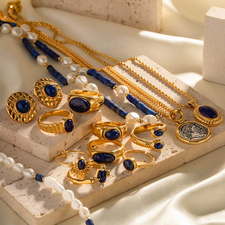 Ensemble de bagues vintage en acier titane et lapis-lazuli Olivenorma Court 