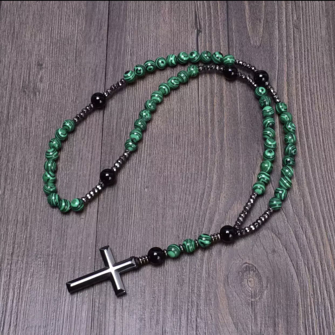 Collier pendentif chapelet catholique en pierre naturelle avec croix Olivenorma - Malachite - image 18