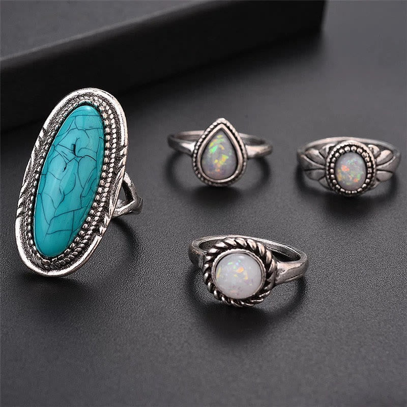 Ensemble de 8 bagues en feuille d'éléphant turquoise et opale Olivenorma 