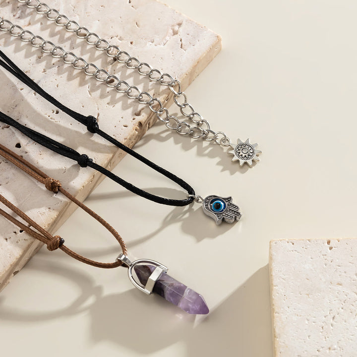Ensemble de colliers multicouches rétro Olivenorma avec pendentif en forme de colonne Hamsa, mauvais œil et soleil en améthyste 