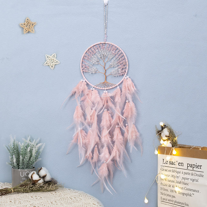 Attrape-rêves en cristal Olivenorma Arbre de vie avec plumes roses - Quartz rose et cristal clair - image 28