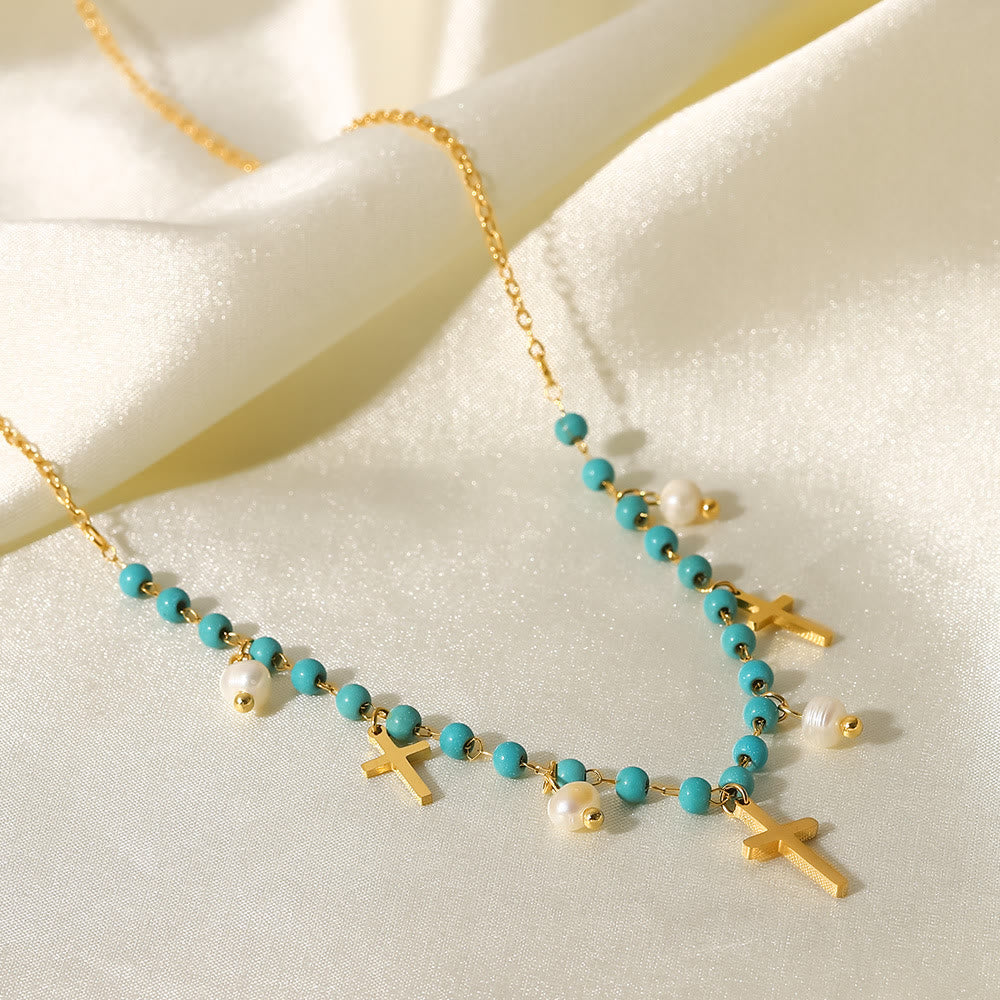 Collier à pampilles avec pendentif en croix et perles turquoise Olivenorma