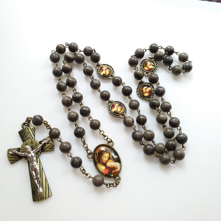 Collier chapelet en bois noir Olivenorma avec croix et médaille sacrée