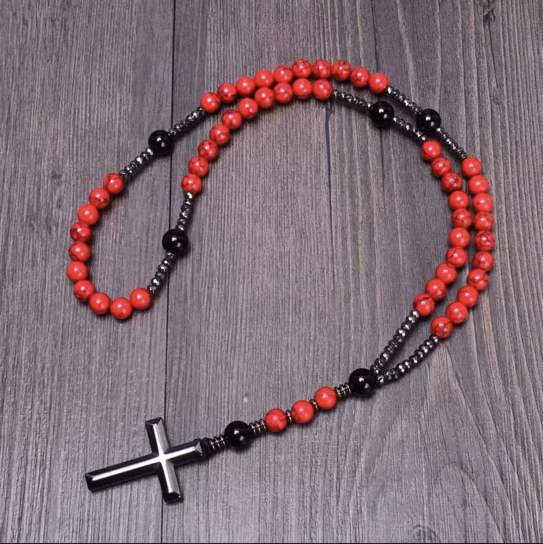 Collier pendentif chapelet catholique en pierre naturelle avec croix Olivenorma - Rouge Turquoise - image 8